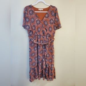 Rewind Burnt Orange and Blue Foral Flowy Short Sleeve Dress Size XL